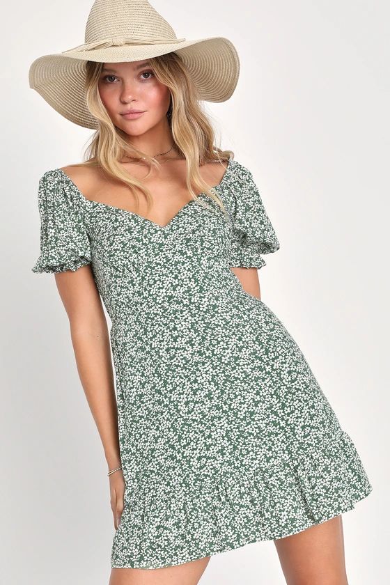 Grateful Feelings Sage Green Floral Print Puff Sleeve Mini Dress | Lulus