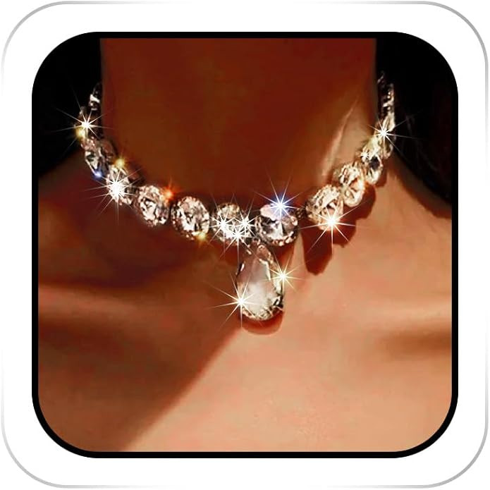 Rhinestone Choker Necklace Large Crystal Pendant Necklaces Silver Diamond Neck Chain Party Prom P... | Amazon (US)