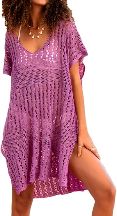 CUPSHE Women's Cover Up Hollow Out Short Sleeve Knee Length Beachwear | Amazon (US)