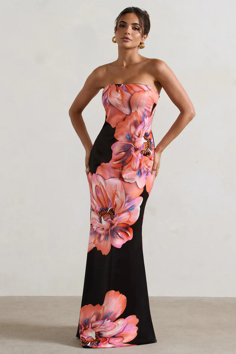 Sofiane | Black & Pink Floral Print Bandeau Maxi Dress | Club L London