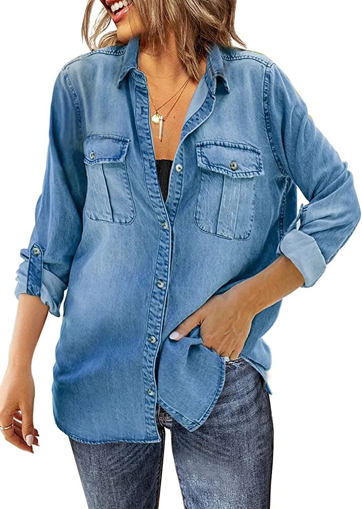 Sidefeel Women Long Sleeve Button Denim Jacket Distressed Ripped Jean Coat | Amazon (US)