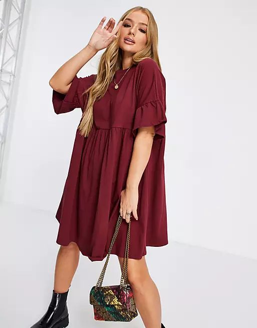 ASOS DESIGN super oversized frill sleeve smock dress in burgundy | ASOS | ASOS (Global)