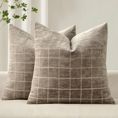 MIULEE Decorative Chenille Check Throw Pillow Covers Vintage Plaid Couch Pillows 20x20 Inch Set of 2 Neutral Boho Farmhouse Cushion Covers Modern Home Decor for Sofa Bed Living Room Taupe Grey | Amazon (US)