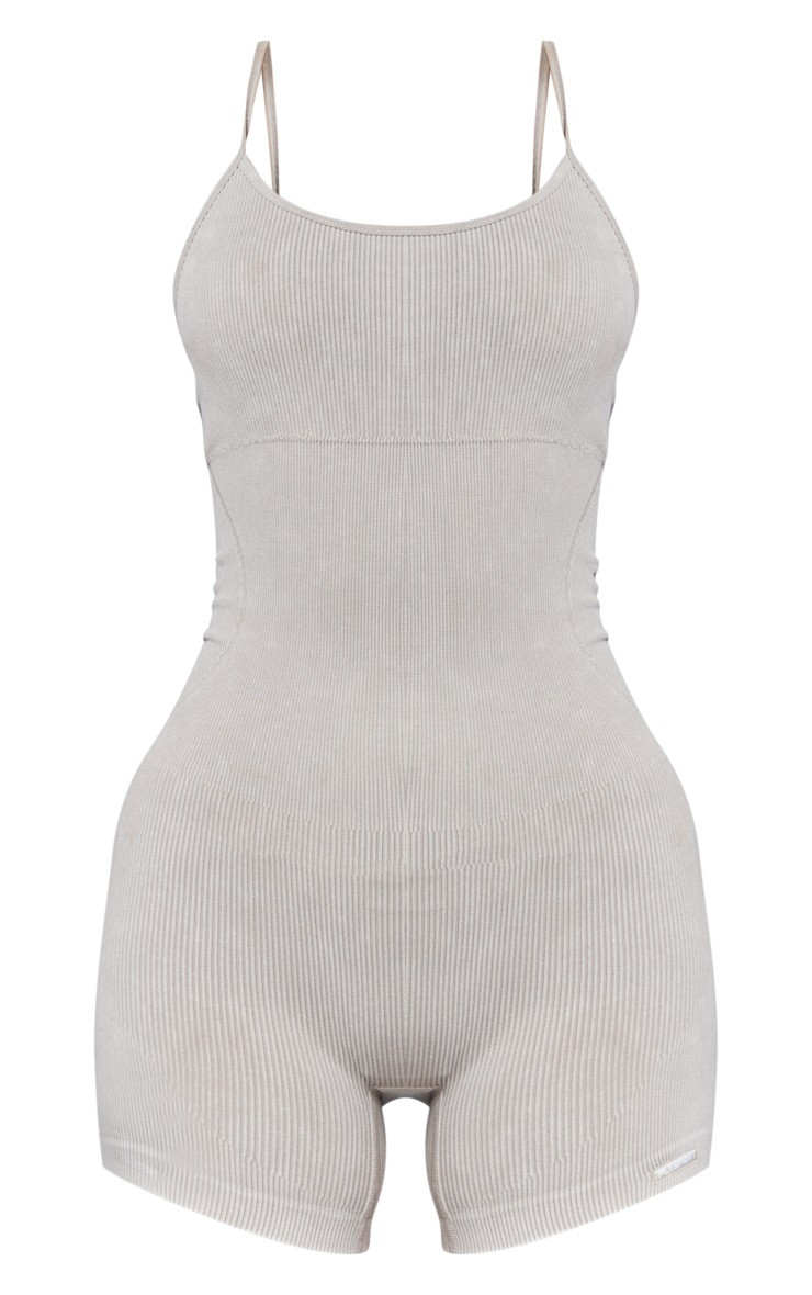 Oatmeal Acid Wash Seamless Rib Mini Gym Unitard | PrettyLittleThing US