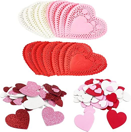 QINGQIU Valentines Day Crafts Set with 100 Heart Doilies, 4 Bags Foam Heart Stickers for Valentin... | Amazon (US)