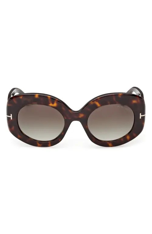 TOM FORD Claudette 51mm Round Sunglasses in Shiny Classic Dark Havana /t/Logo /Gradient Smoke Lens at Nordstrom | Nordstrom