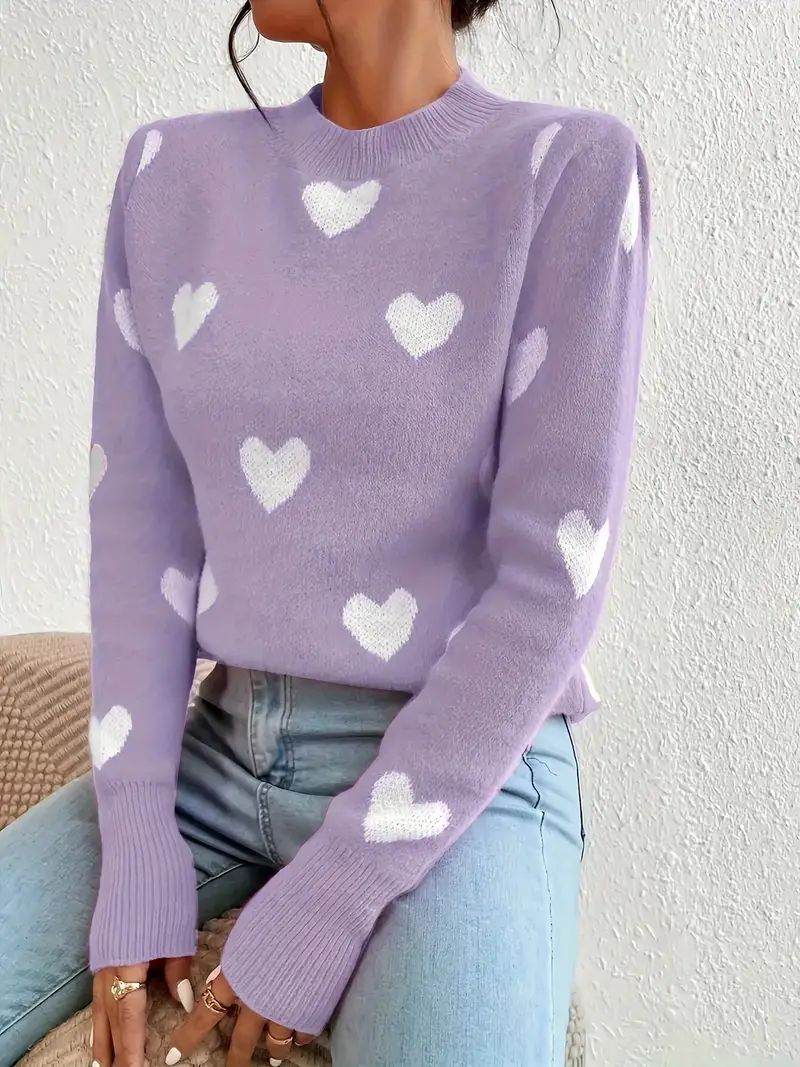 Heart Pattern Crew Neck Sweater Casual Long Sleeve Sweater - Temu | Temu Affiliate Program