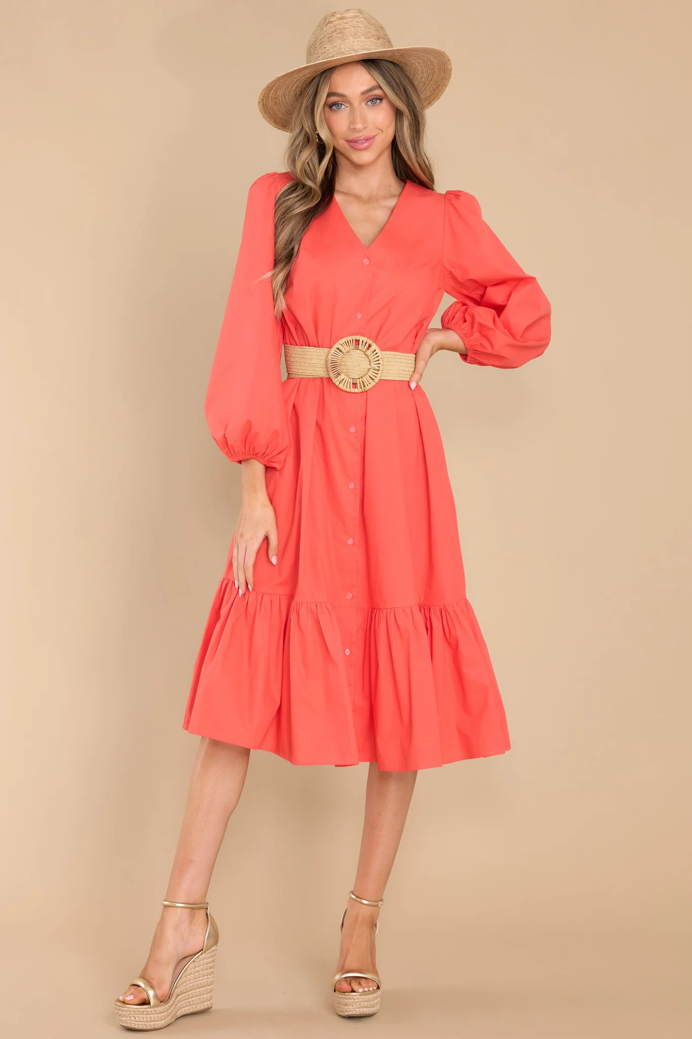 Friend Zone Coral Orange Midi Dress | Red Dress 