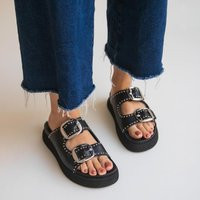 Black Leather Buckle Sandals With Silver Stud Details, Adjustable Double Strap Flat Slides For Women, Edgy Summer Slip-On Footwear | Etsy (US)