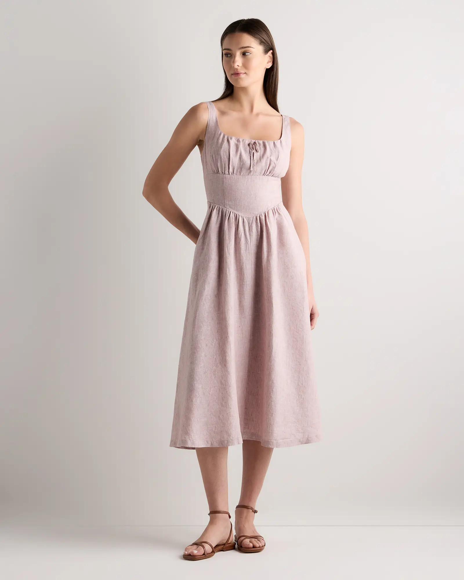 100% European Linen Corset Midi Dress in Vintage Pink Chambray | Quince