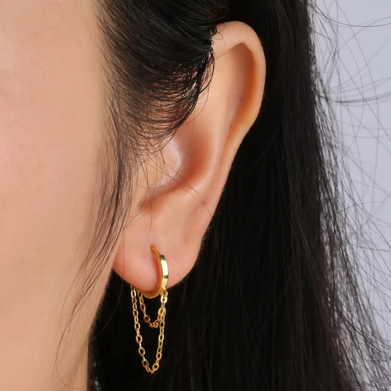 1 Pair Sterling Silver Small Hoop Earrings With Chain, Gold Chain Earrings, Chain Loop Earrings, ... | Etsy (US)