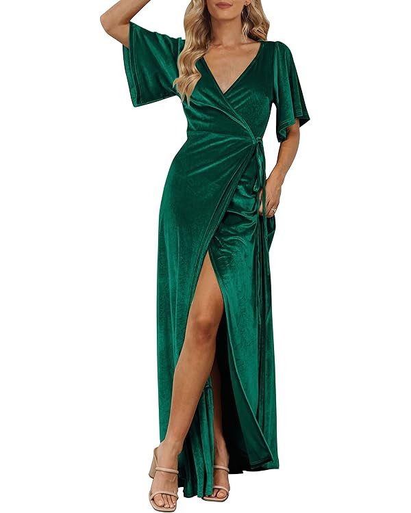 MEROKEETY Women's V Neck Wrap Velvet Maxi Dress Bell Sleeve Split Bridesmaid Cocktail Party Dress... | Amazon (US)