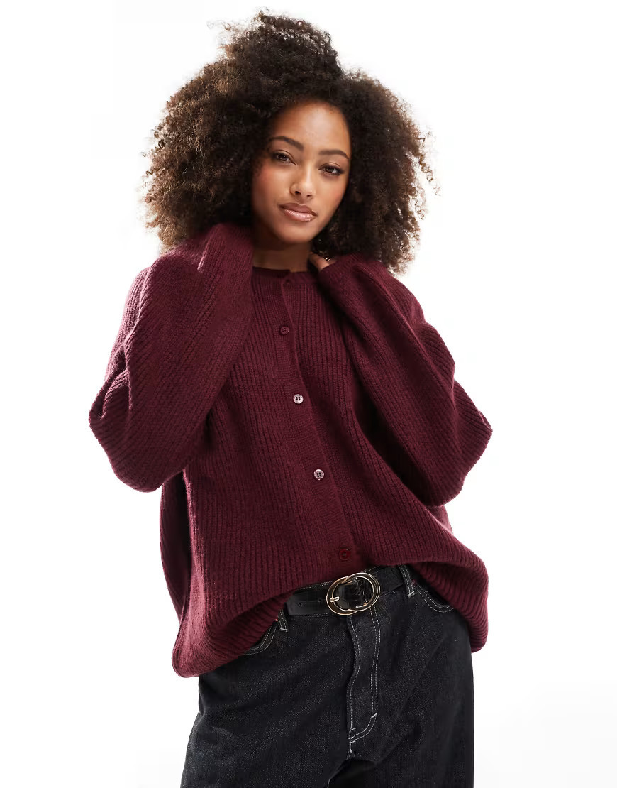ASOS DESIGN fluffy knit raglan cardigan in burgundy-Red | ASOS (Global)