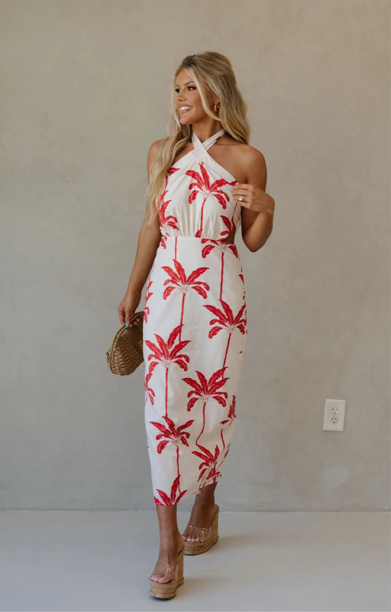 Palm Tree Midi Dress-Red | These Three