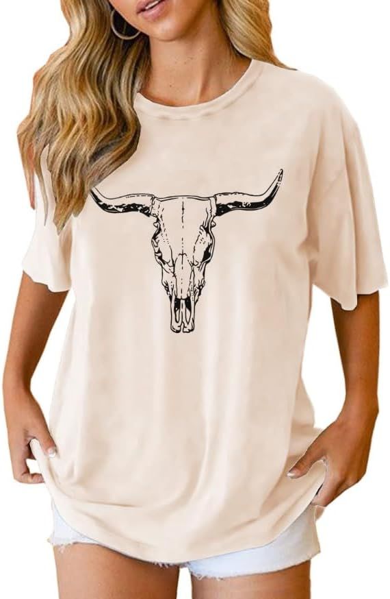 Boho Cow Skull Shirt Women Cowgirl t Shirt Vintage Western Rodeo Graphic Tee Short Sleeve Bull Sk... | Amazon (US)