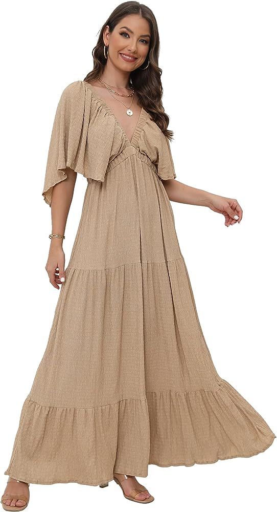 Women's Summer V-Neck, Tiered Silhouette with Flutter Sleeves Maxi Dress for Casual | Amazon (US)