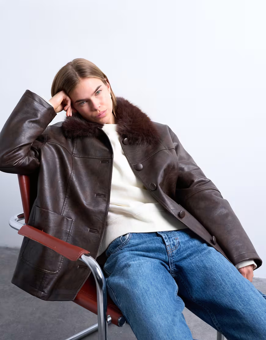 Topshop faux leather with detachable faux fur collar button through padded shacket in washed brown | ASOS (Global)