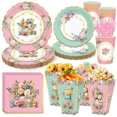72 Pcs Tea Party Supplies Floral Party Dinnerware Serves 10 Disposable Supplies 10 Paper Tea Cups 20 Saucers Plates 20 Napkins and 12 Popcorn Boxes | Target