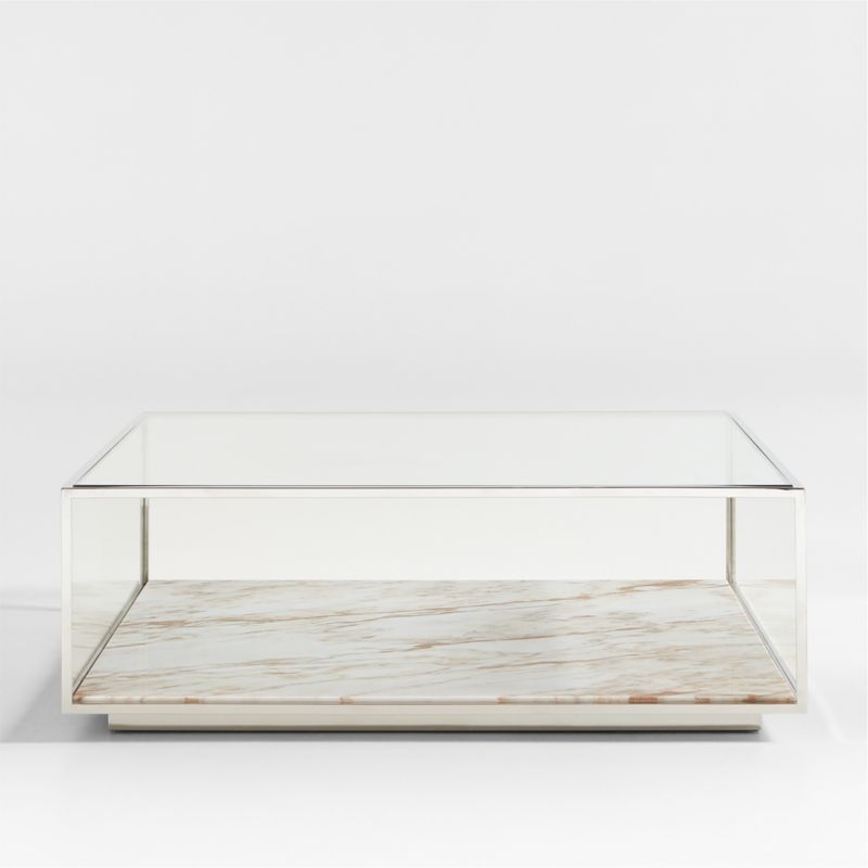 Modernist Metal and Glass 44" Square Display Coffee Table with Marble Shelf | Crate & Barrel | Crate & Barrel