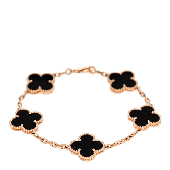 18K Rose Gold Black Onyx 5 Motifs Vintage Alhambra Bracelet | FASHIONPHILE (US)