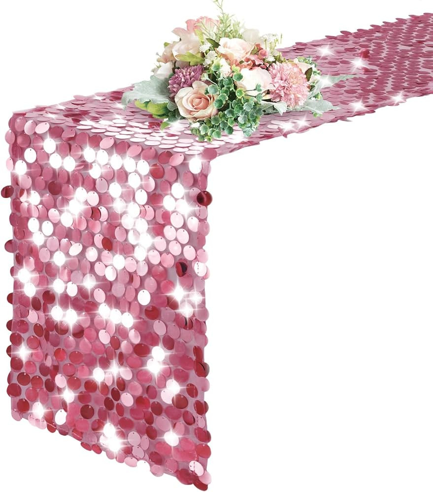 Pufogu 12 "x 108" Sequin Table Runner, Pink Glitter Premium Big Sequin Table Runner, Rectangle Ta... | Amazon (US)