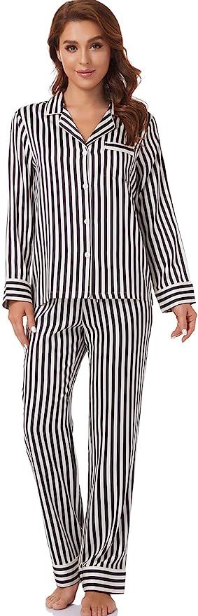 Serenedelicacy Women's Satin Pajama Set Long Sleeve Button Down Sleepwear 2-Piece Striped Silky P... | Amazon (US)