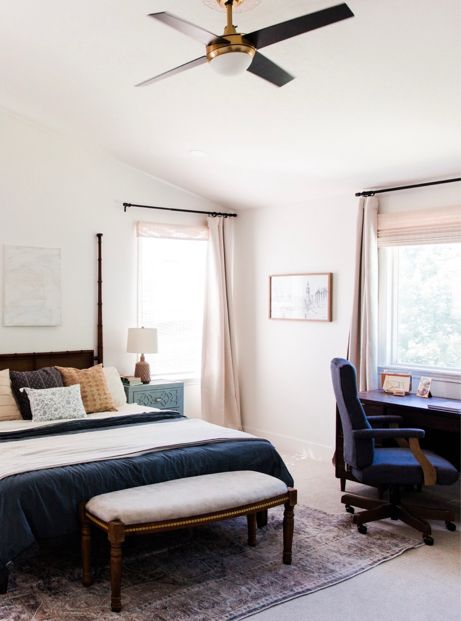 Classic bedroom // organic modern // Target finds // Wayfair // bedroom area rug // bedroom desk // neutral curtains// woven Roman shades // furniture flip nightstand idea

#LTKhome