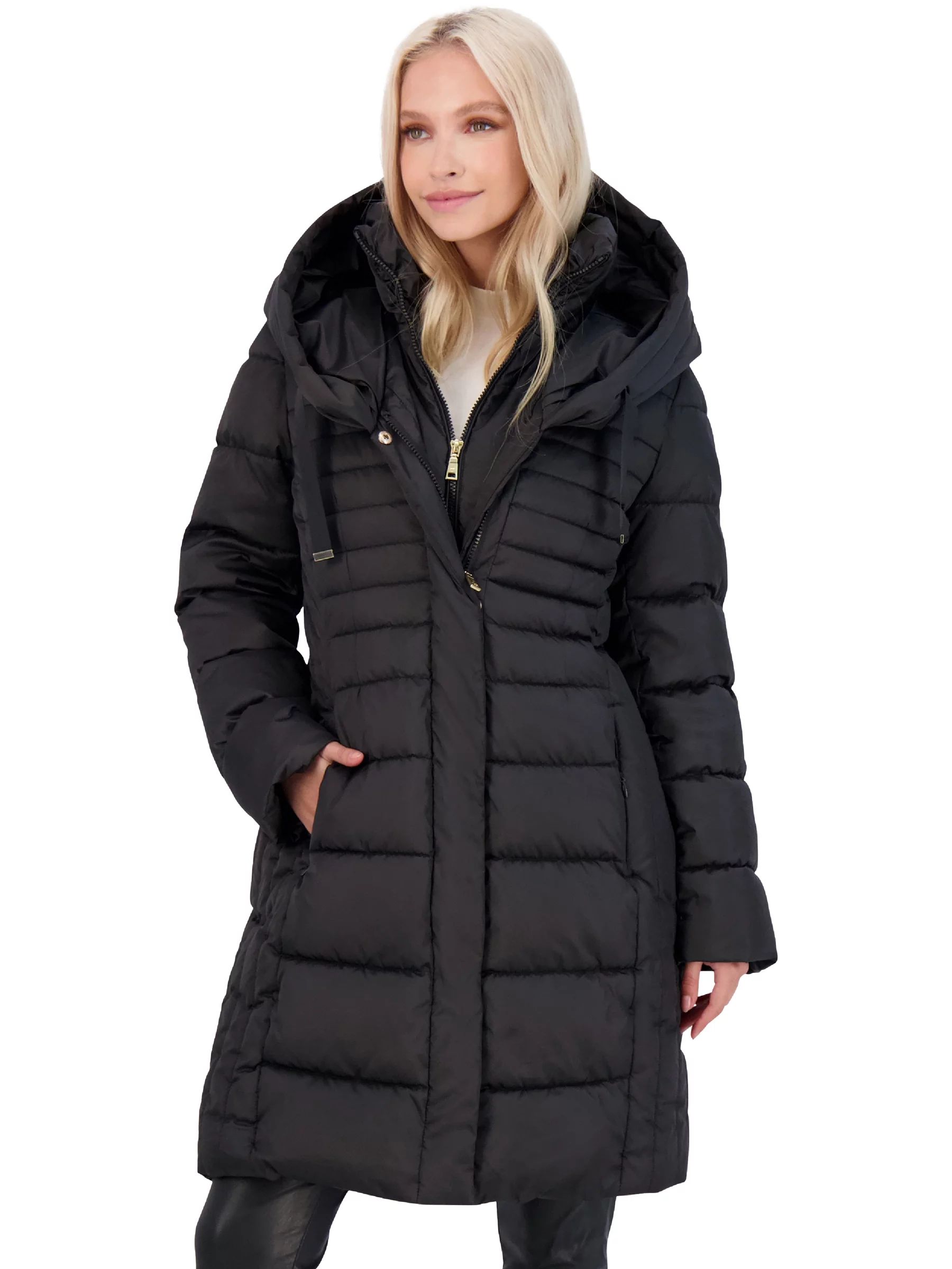 Tahari Casey Women's Quilted Down Fitted Puffer Coat with Bib Black Size M - Walmart.com | Walmart (US)