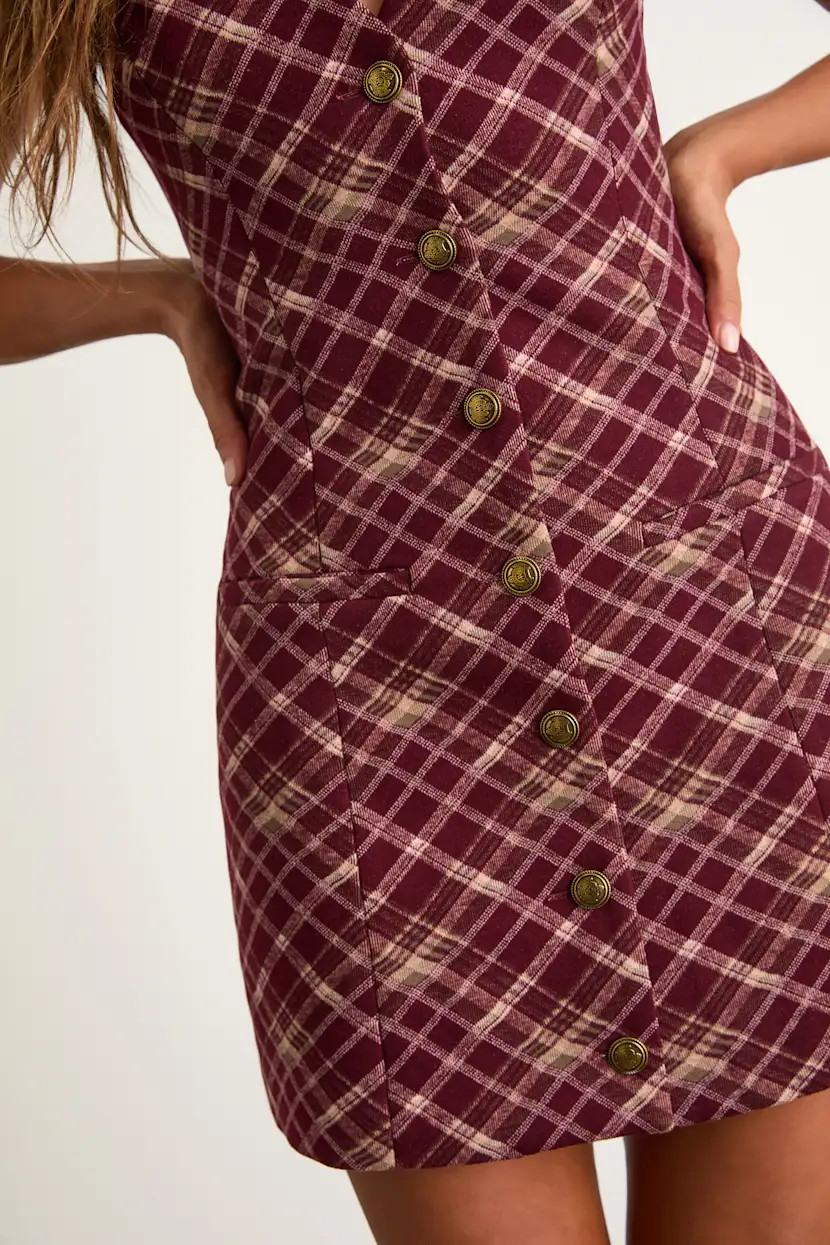 Kala Burgundy Plaid Button-Front Mini Dress | Lulus
