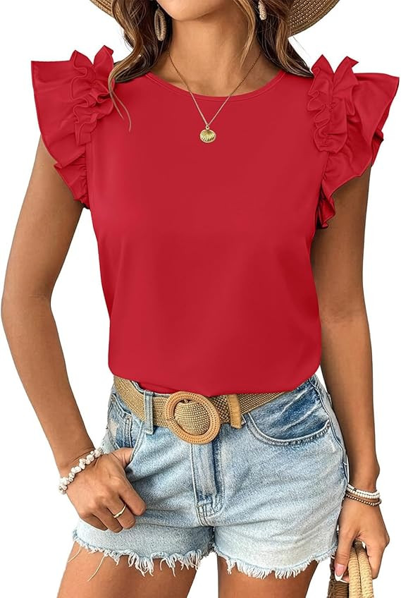 JUSTFASHIONNOW Womens Ruffle Short Sleeve Tops Summer Trendy Casual T Shirts 2026 Crew Neck Cute ... | Amazon (US)