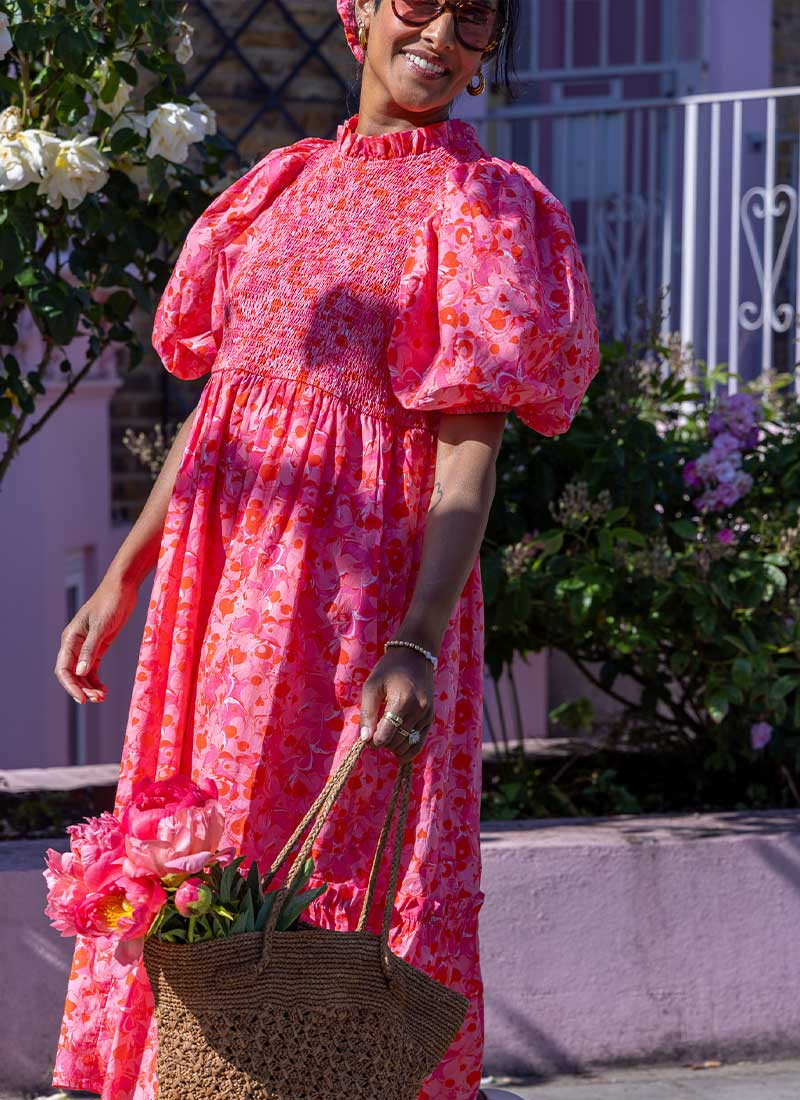 Zeena X Joanie - Priya Pink Heart Marble Print Puff Sleeve Midi Dress | Joanie