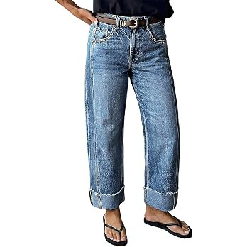 Flamingals Mid Rise Straight Leg Jeans for Women Wash Seam Front Roll Raw Hem Denim Pants Without... | Amazon (US)
