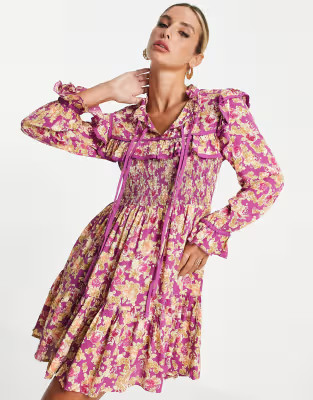 River Island long sleeve shirred yoke mini dress in pink floral | ASOS (Global)