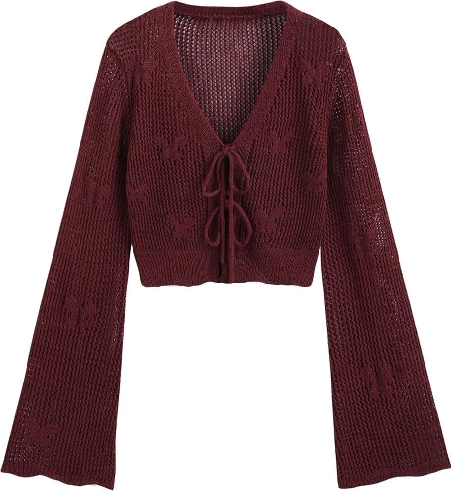 CIDER Solid Hollow Out Knit Knotted Cardigan | Amazon (US)