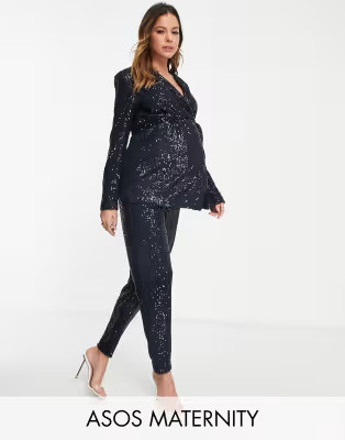 ASOS DESIGN Maternity - Pantaloni slim in jersey blu navy intenso con paillettes | ASOS (Global)