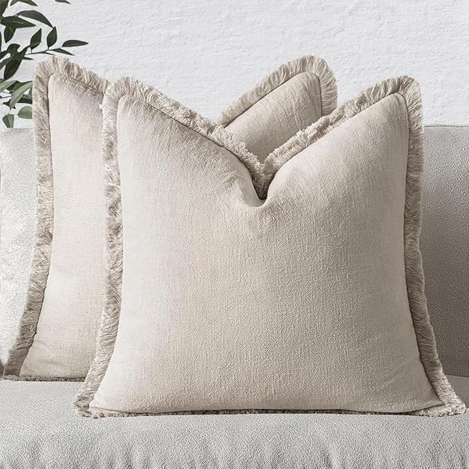 MIULEE Decorative Throw Pillow Covers Neutral Linen Fringe Throw Pillows Set of 2 Natural Beige B... | Amazon (US)