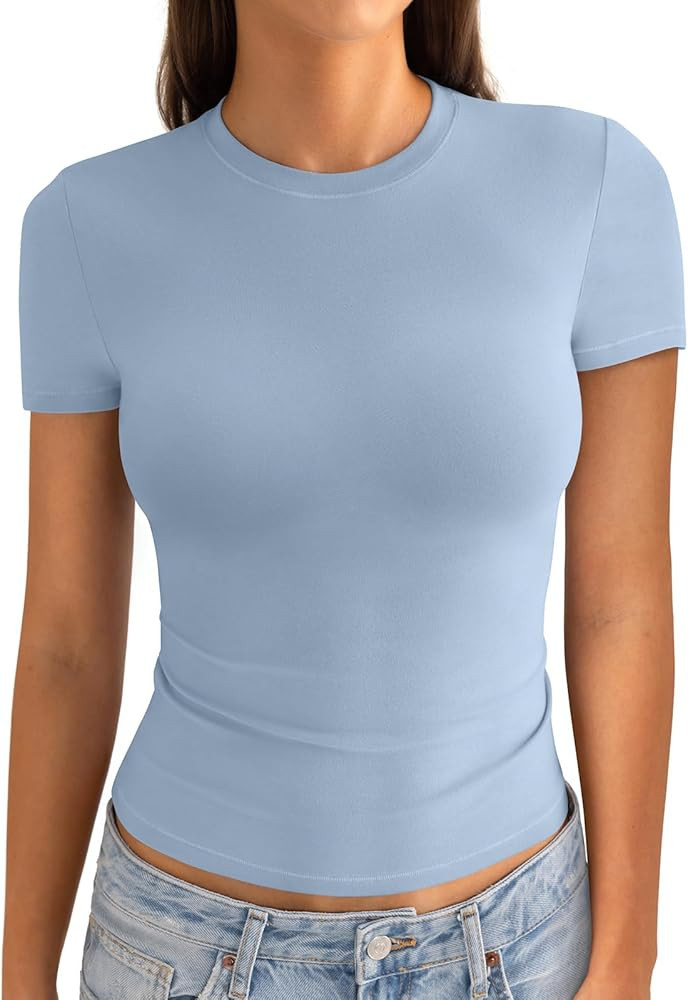 Womens Cotton Crew Neck Short Sleeve Shirts Summer Top Fashion Round Neck Crop Tops Basic Going O... | Amazon (US)