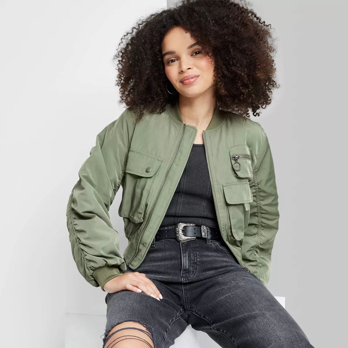 Women's Cargo Utility Cropped Bomber Jacket - Wild Fable™ Green 3X | Target