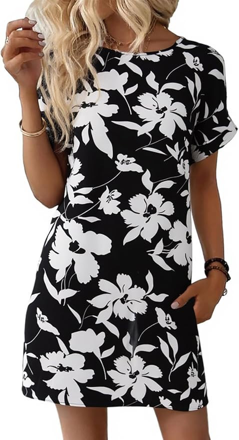 Wenrine Womens Summer Dress 2025 Floral T Shirt Dress Casual Cap Sleeve Crewneck Loose Boho Shift... | Amazon (US)