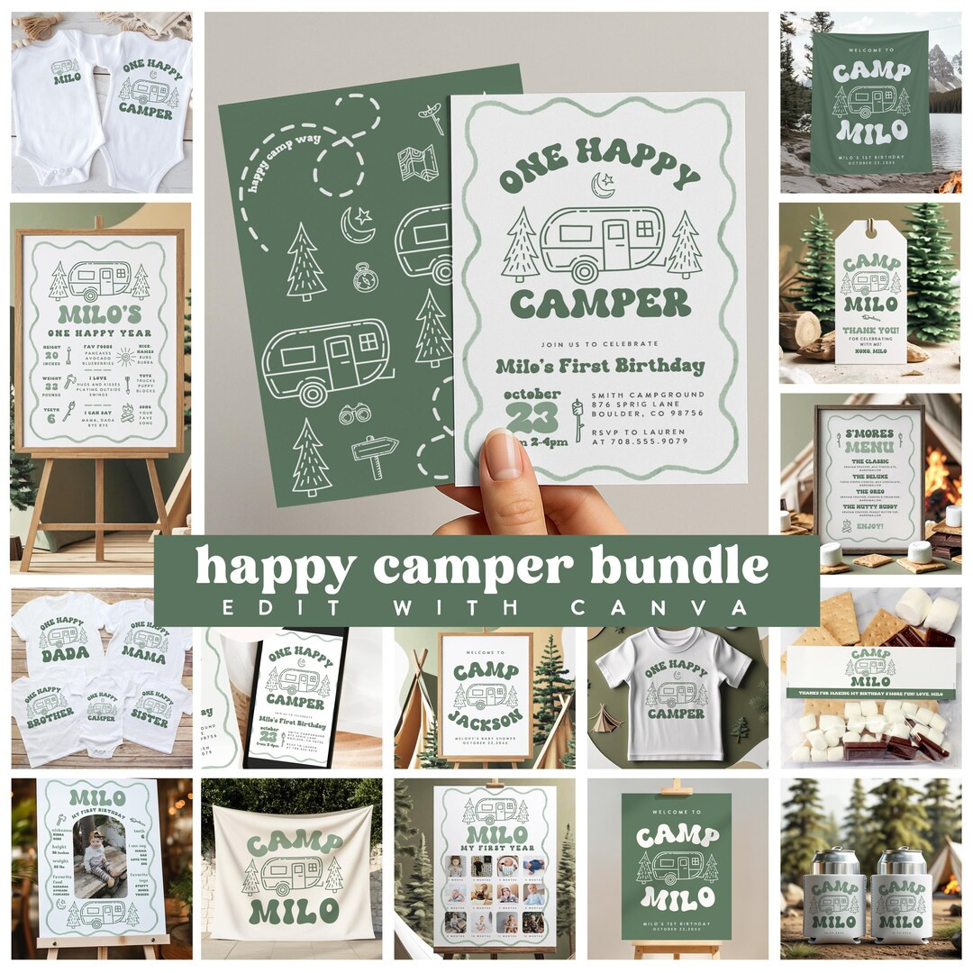 One Happy Camper Birthday Bundle, Boy First Birthday Happy Camper Invite Set, Editable 1st Birthd... | Etsy (US)