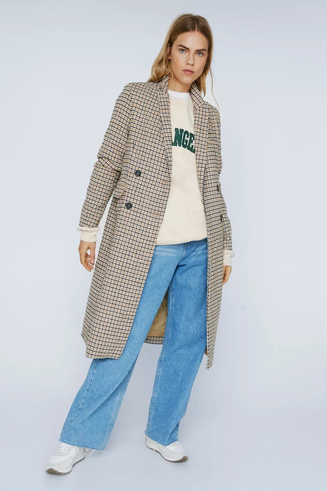 Check Print Wool Look Double Breasted Longline Coat | Nasty Gal (US)