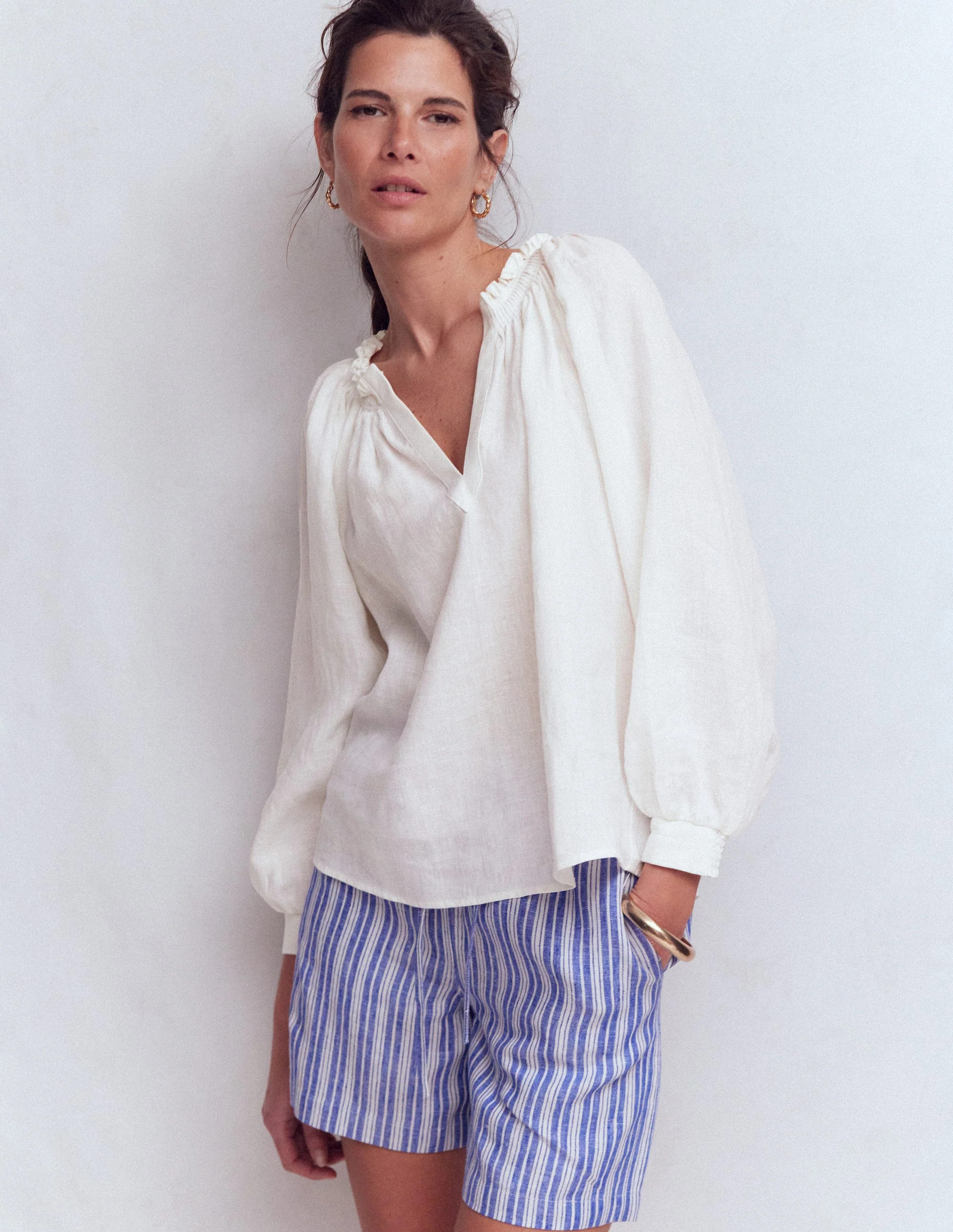 Serena Pleat Neck Linen Top-White | Boden UK