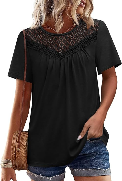 WIHOLL Womens Tops Short Sleeve Lace Shirts Summer Spring Tops Boho Trendy Beach Vacation Clothes... | Amazon (US)