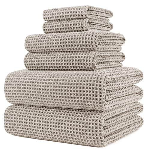 POLYTE 430 GSM Microfiber Quick Dry Lint Free Oversize Bath Towel Set, 6 Piece (Waffle Weave) | Amazon (US)