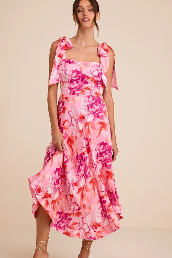 Fleurette Pink Floral Tie-Strap Midi Dress | Lulus