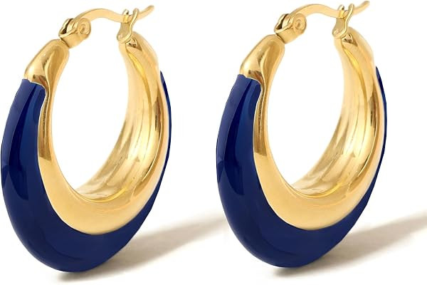 Chunky Enamel Hoop Earrings for Women 18K Gold Plated Bamboo Checkered Huggie Earrings Enamel Jew... | Amazon (US)