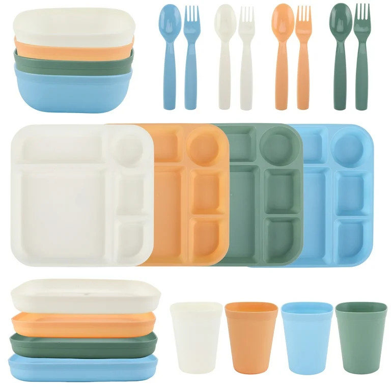 Your Zone 24-Piece Plastic Square Dinnerware Set, 4 Each Trays, Bowls, Plates, Cups, Forks, Spoon... | Walmart (US)