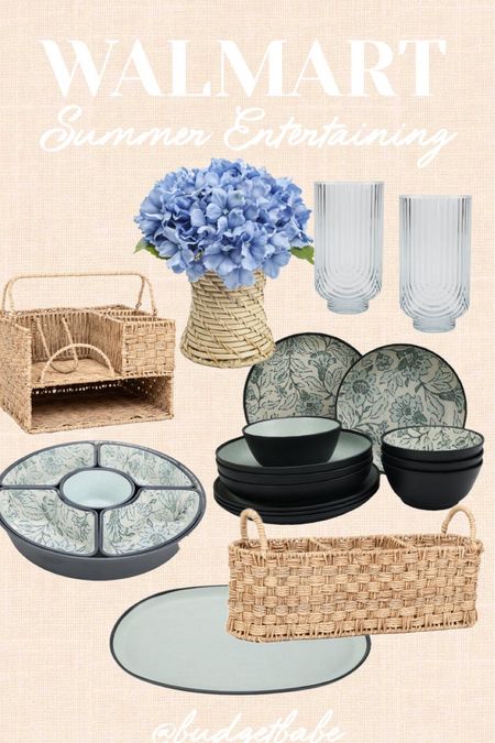 Walmart summer entertaining outdoor dining finds with the prettiest melamine dinnerware and serving trays, faux florals, plastic tumblers and rattan utensil caddy  

#LTKHome #LTKFindsUnder50
