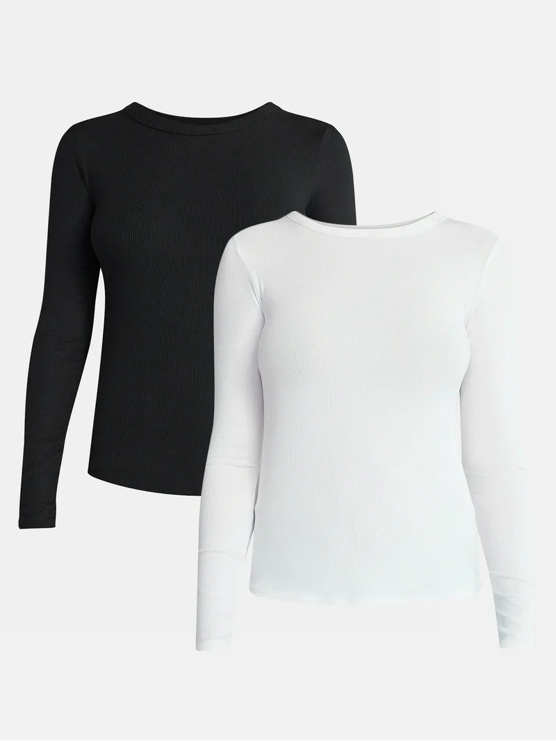 No Boundaries Ribbed Crewneck Tee with Long Sleeves, 1 or 2-Pack, Women's & Women's Plus - Walmar... | Walmart (US)