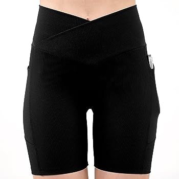 PeachUUga Crossover Biker Shorts Women 5" High Waist Workout Shorts with Pockets Ribbed Athletic ... | Amazon (US)